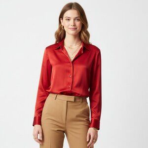 Halston 100% Silk Long Sleeve Button Up Blouse Top 10 NEW